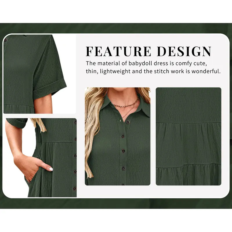 Women's Short-Sleeve Button-Front Textured Mini Dress – Loose, Flowy, Non-Clinging Fit with Pockets