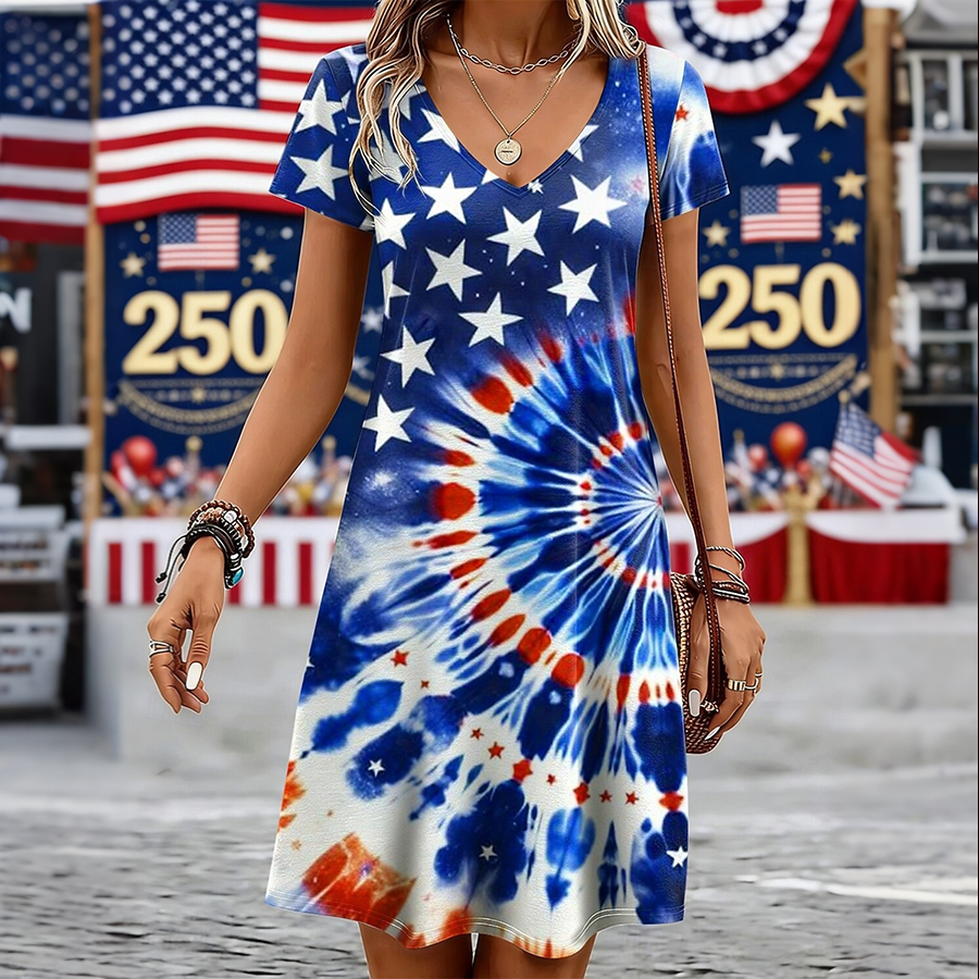 Ladies' Casual American Five-Star Flag Flower Tie Dye V-Neck Short Sleeved Dress