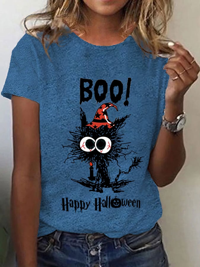 Women's Funny Halloween Boo Black Cat T-shirt