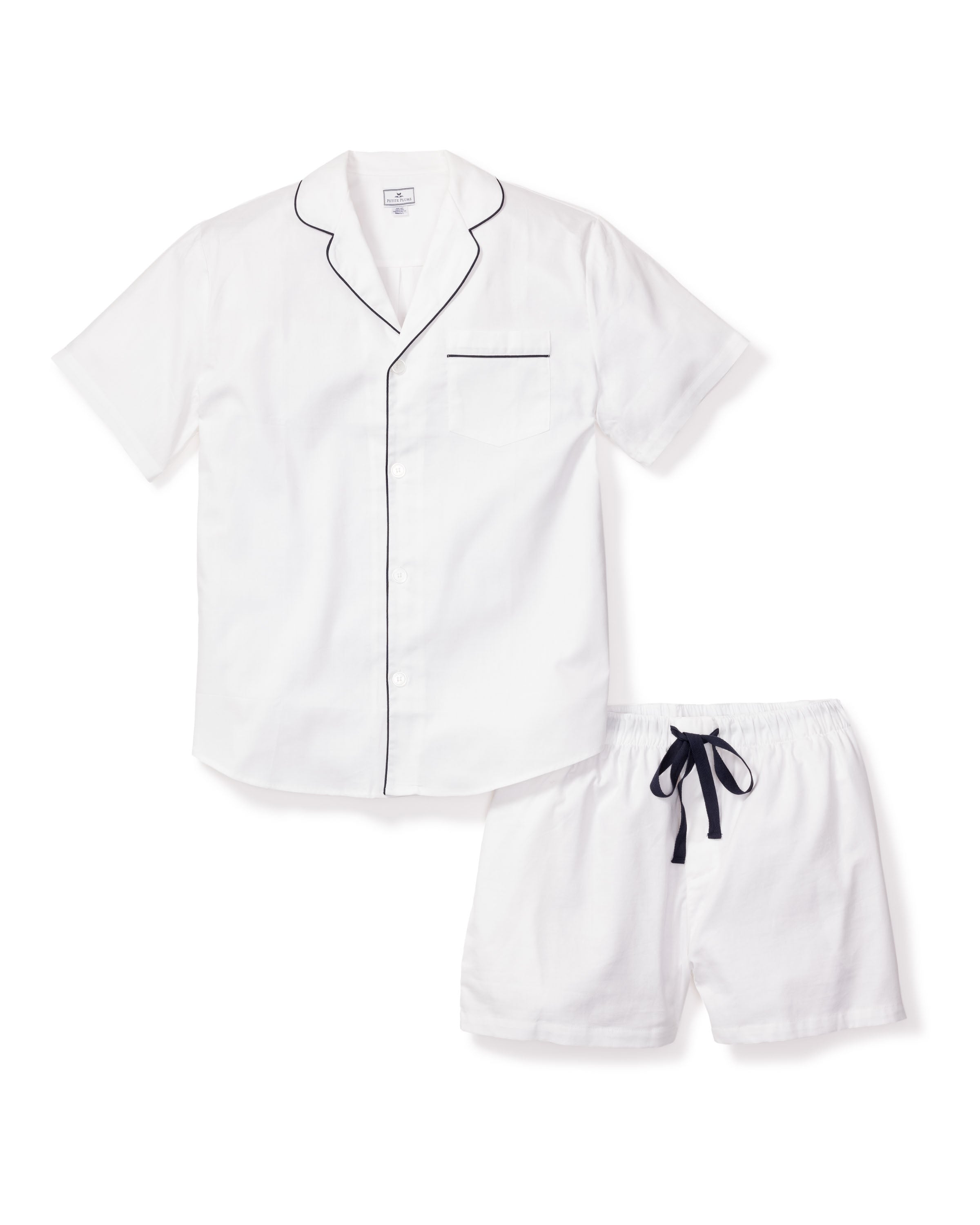 Men's Twill Pajama Short Set in White with Navy Piping