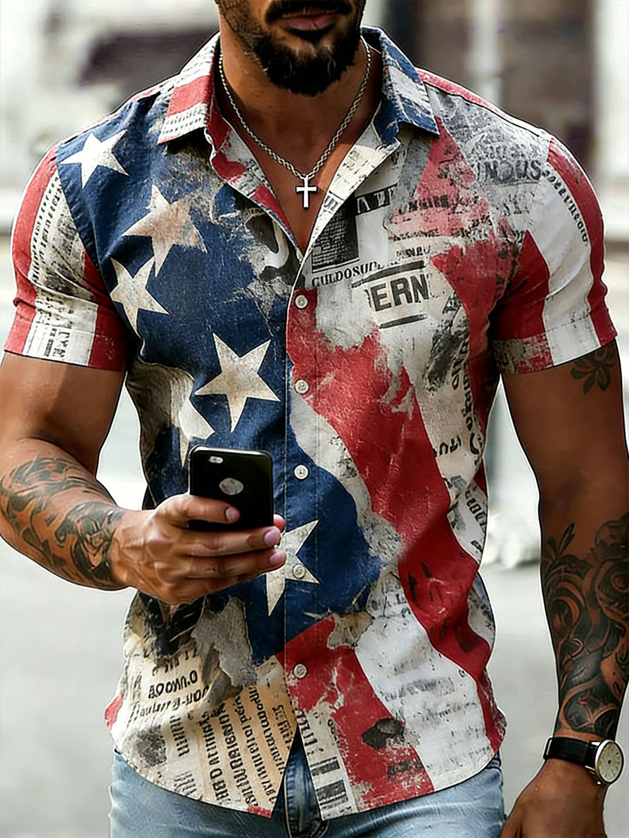 Men's Retro Art American 250th Anniversary Cotton Linen Short-Sleeve Shirt