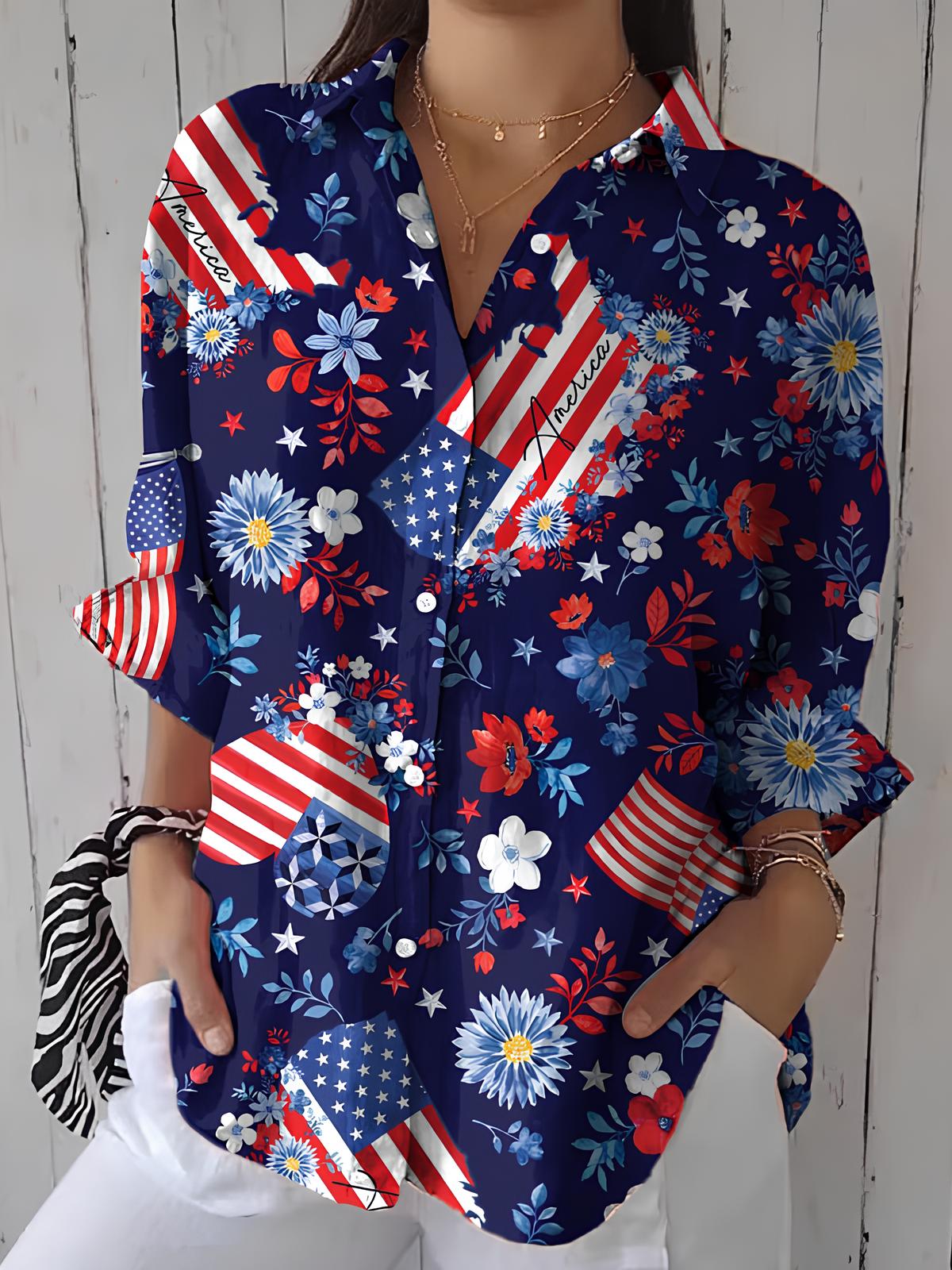 Women's Linen Independence Day Print Shirt