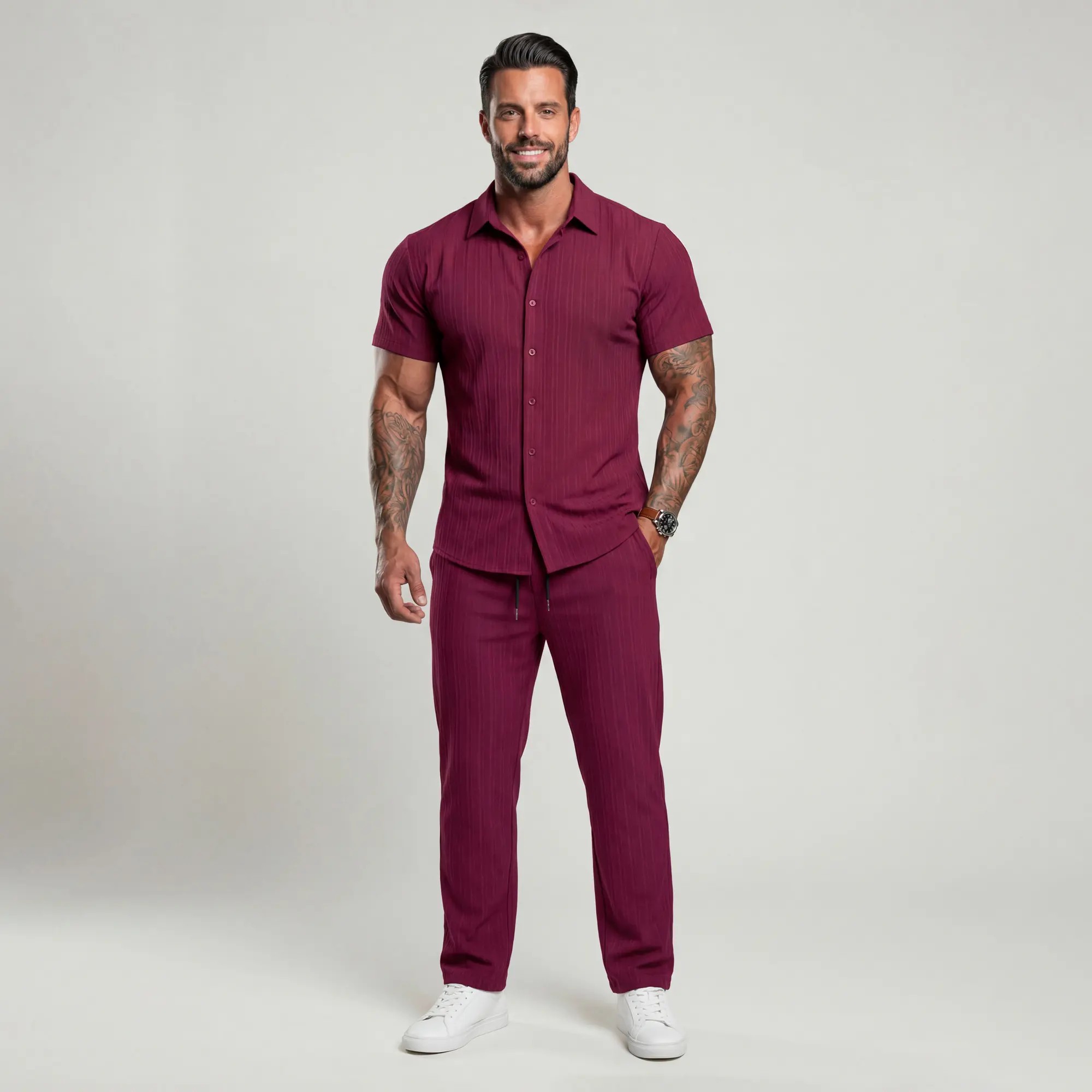 Men's Maroon Button-Front Shirt & Drawstring Pocket Trousers Set
