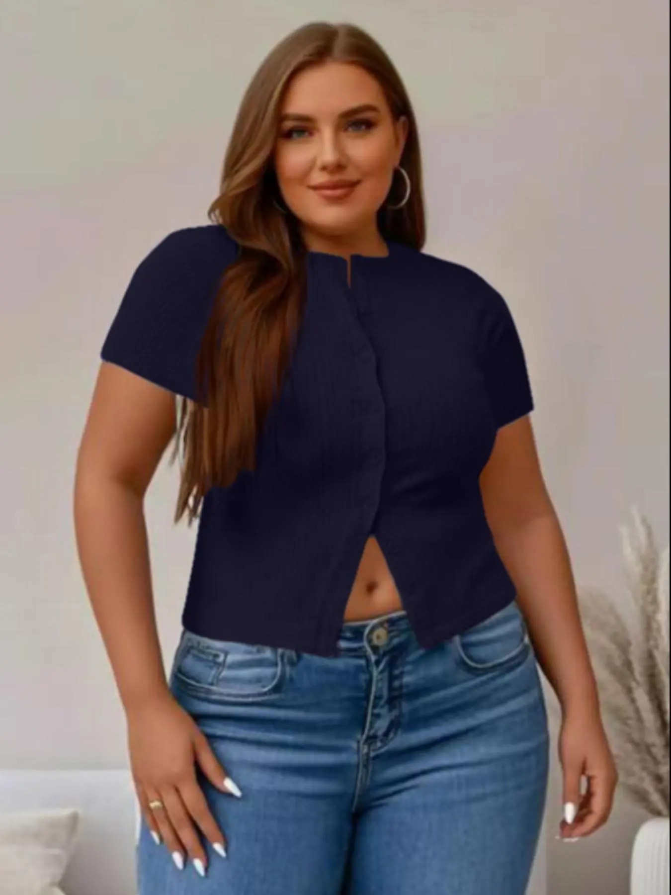 【Plus Size】 Solid Ribbed Short Sleeve Top, Casual Button Front Top for Summer, Women's Plus Clothing for Daily Wear