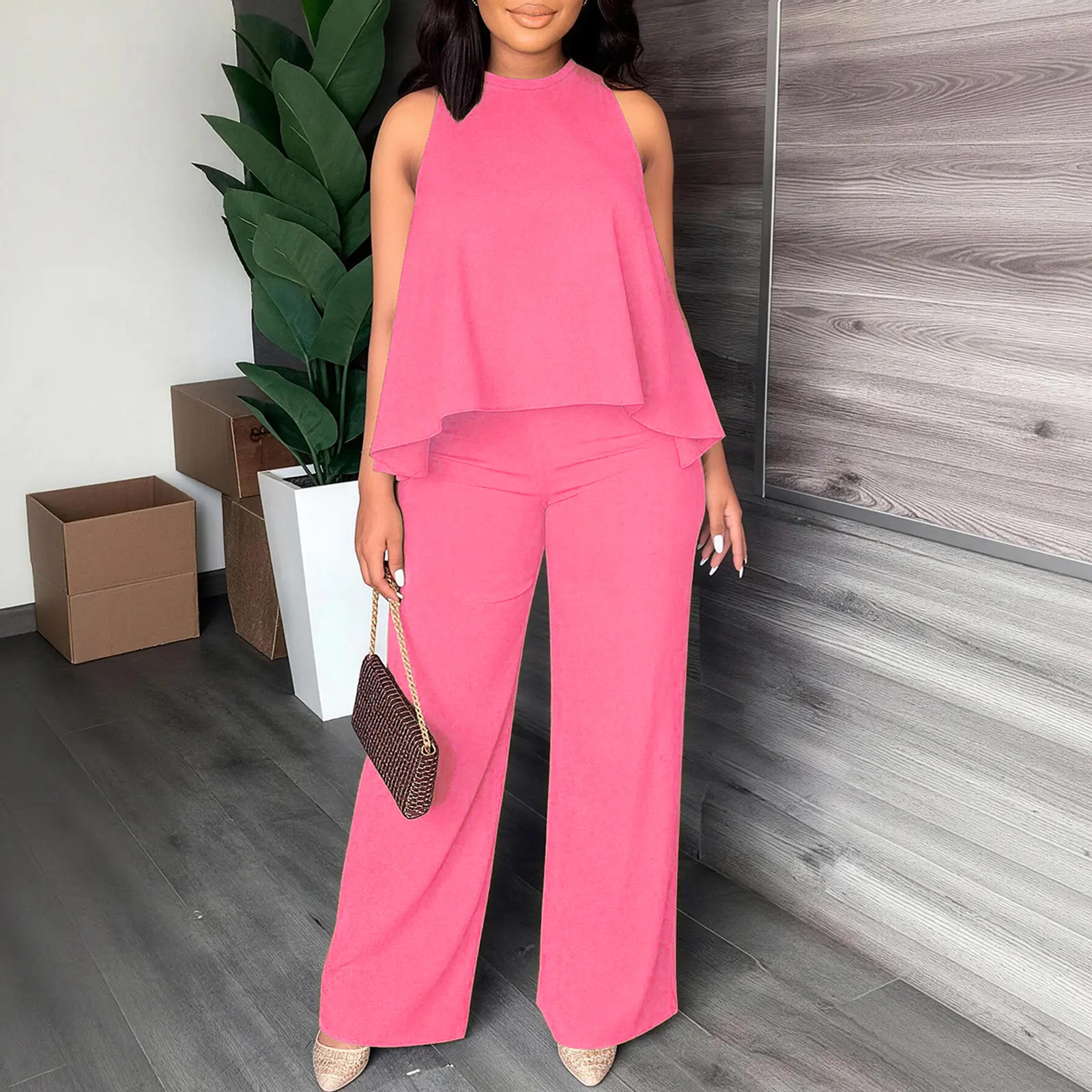 Women's Spring-Summer Set:Lightweight Flowy Halter Two-Piece with High-Waisted Wide Leg Pants–Comfortable