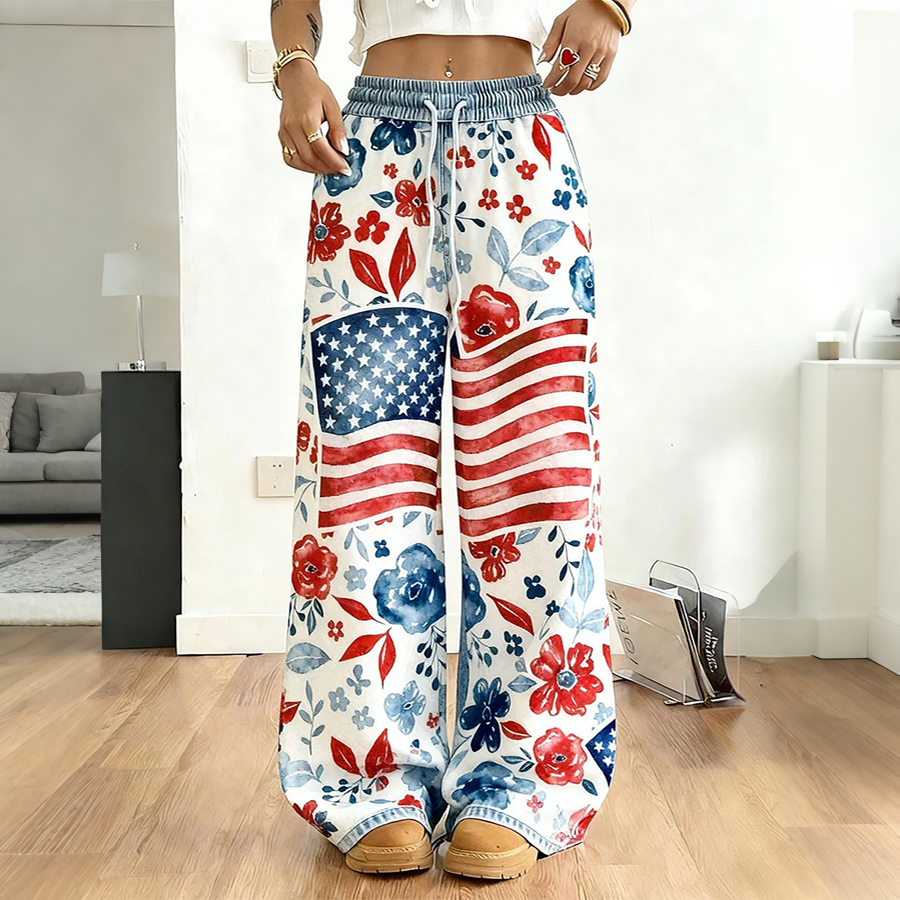 Women's Floral American Flag Casual Pants