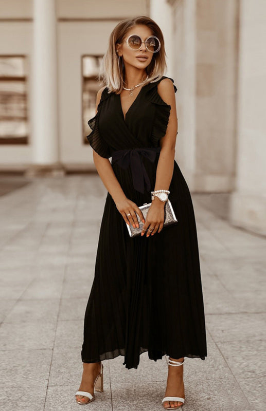 Slim Fit Lotus Leaf Sleeve Chiffon Pleated Skirt Solid Color Dress
