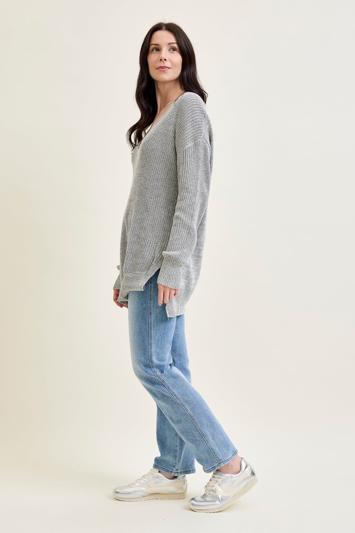 Slouchy V-Neck Off Shoulder Grey Sweater