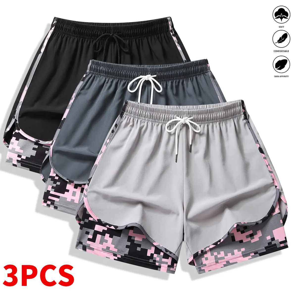 3-pack women’s casual athletic shorts with built-in liner, drawstring, elastic waistband—suitable for outdoor sports, fitness, running, and casual wear; women’s shorts, athletic shorts, womenswear