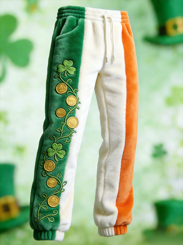 Men's St. Patrick's Day Shamrock And Gold Coins Art Print Casual Flannel Pants
