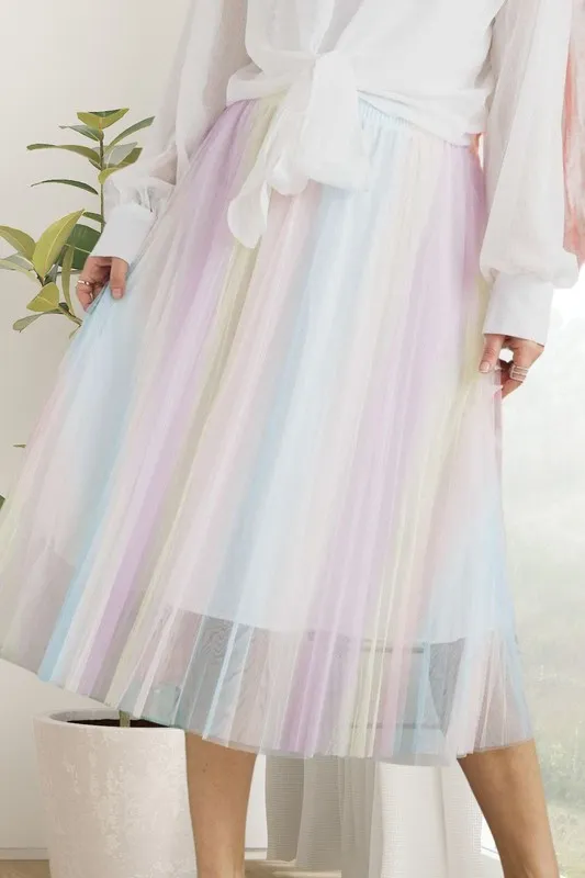 Pleated Mesh Flare Midi Skirt
