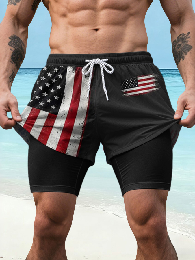 Men's Independence Day Celebration Printed Pattern Beach Vacation Slimming Double layer Sports Elastic Band Quick drying Breathable Shorts