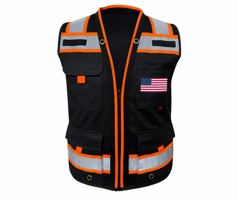 Supervisor-Grade Safety Vest (Optional Customization: U.S. Flag or Other Flags) — High-Visibility Reflective Safety Design, Featuring Zipper Closure and Multiple Pockets on a Mesh Vest