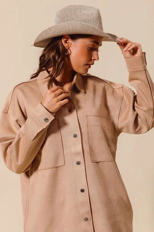 Faux Sued Snap Shacket with Collar and Pockets