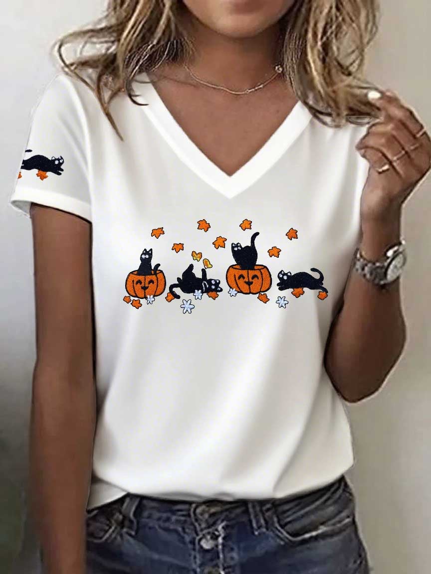 Women's Cute Pumpkin Cat Print Casual Top