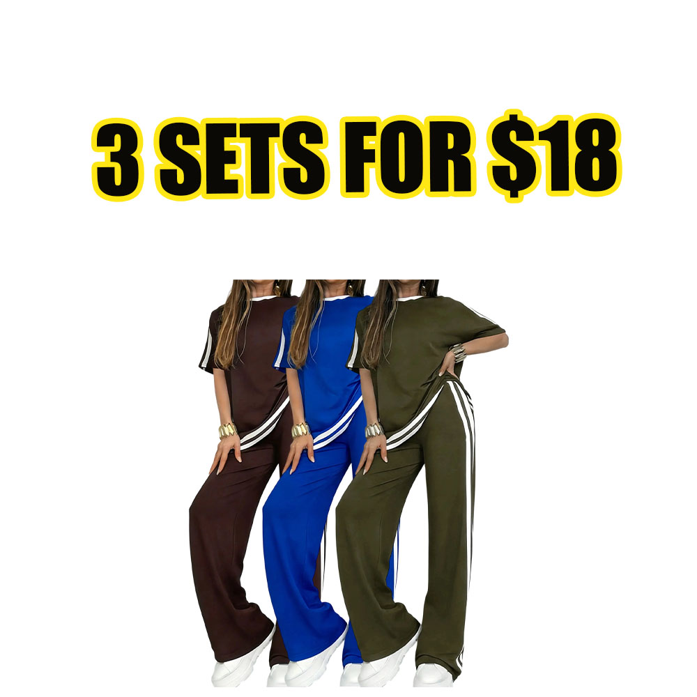 Women’s Casual Sport Two-Piece Set – Short Sleeve Split Hem Top & Striped Wide Leg Pants Outfit-