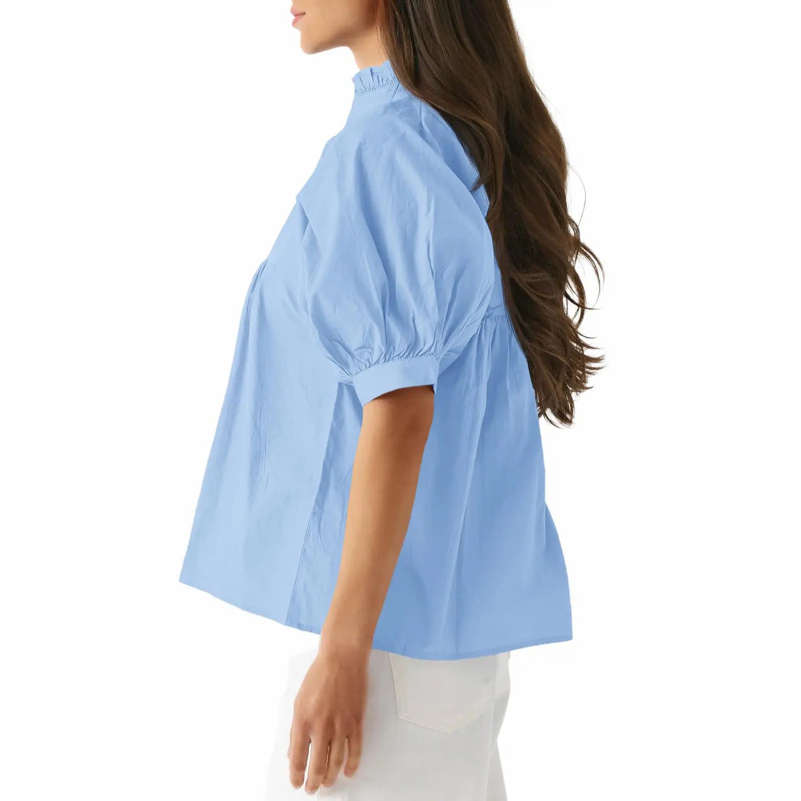 Women's V Neck Puff Sleeve Blouse – Babydoll Peplum Loose Fit Top