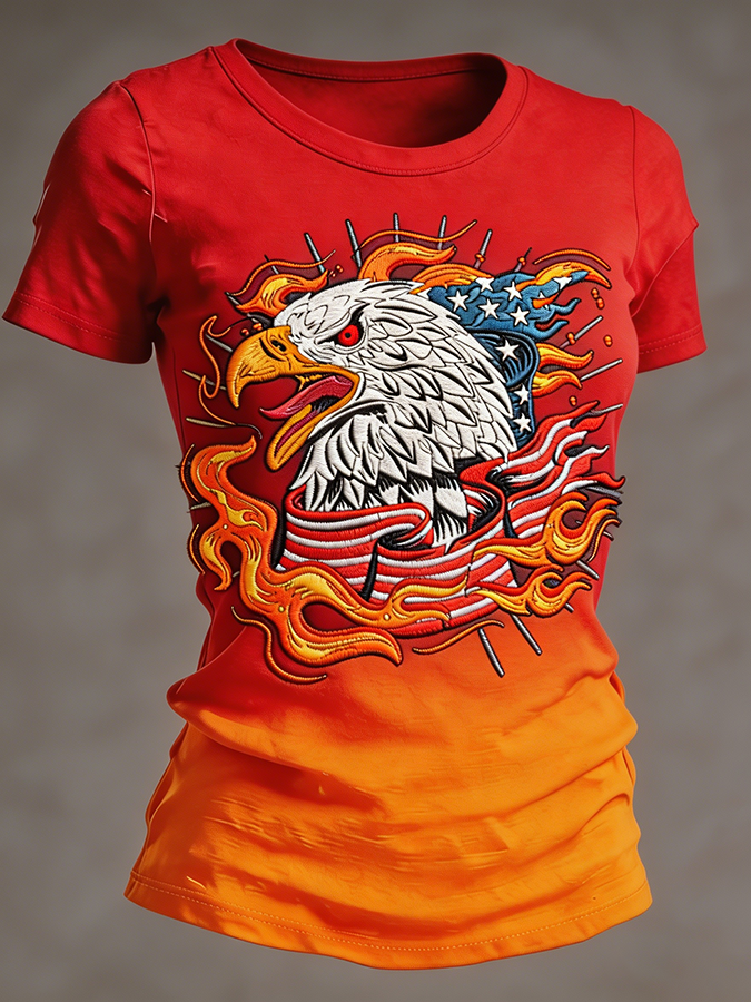 Women's Flame Bald Eagle American Flag Embroidered Gradient T-Shirt