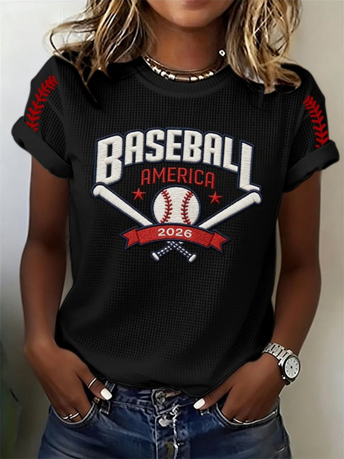 Women's Classic American Baseball Event Printed Round Neck Short Sleeve T-shirt