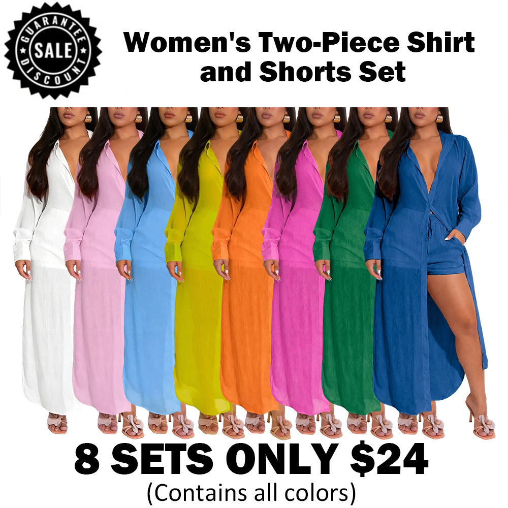 Women's Solid Color Button Front Shirt & Shorts Two-Piece Set