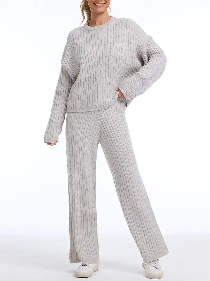 Women's Cable KnitBLACK FRIDAYSweater Lounge Set-Long Sleeve Pullover Top &High-Waisted Wide Leg Pants, Cozy 2-PieceOutfit for Fall & Winter