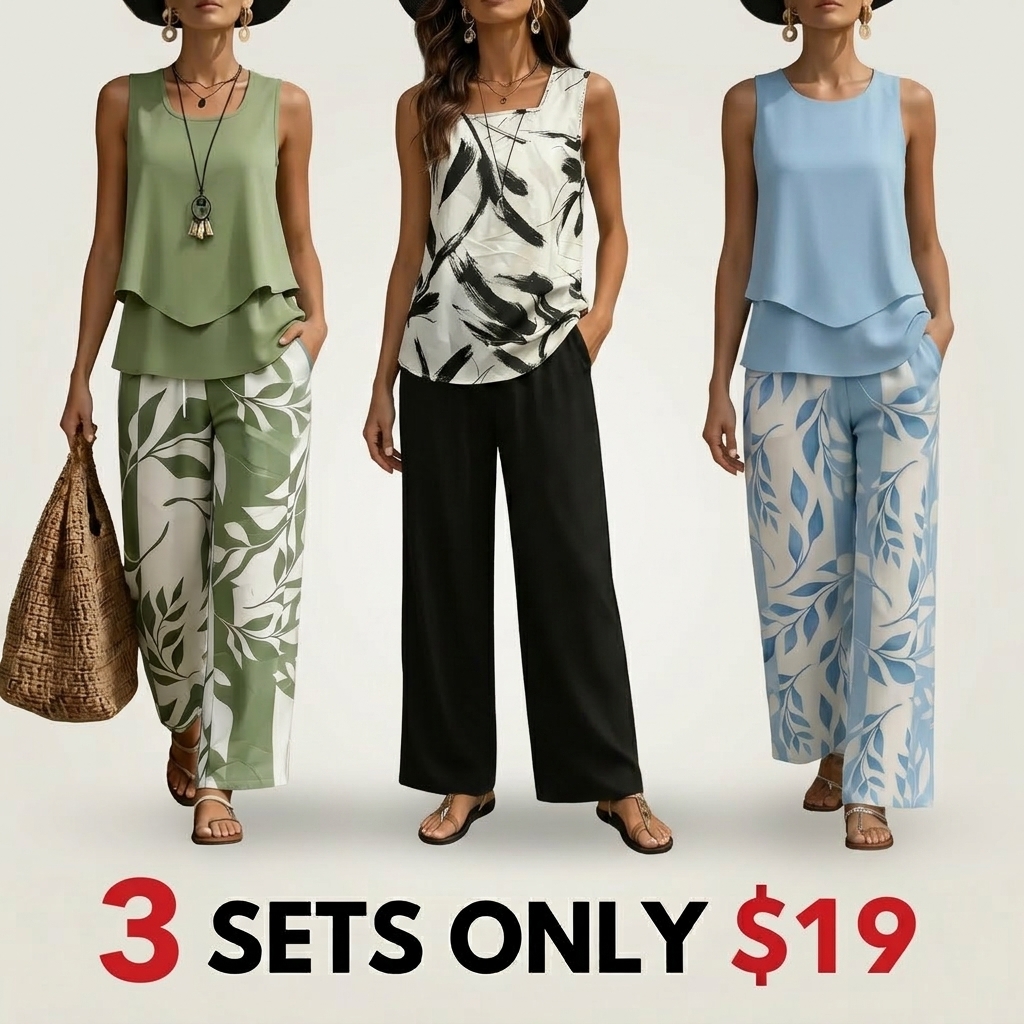 Women’s Casual Two-Piece Set Featuring A Sleeveless, Flowy Tank Top Paired With High-Waisted Wide-Leg Pants