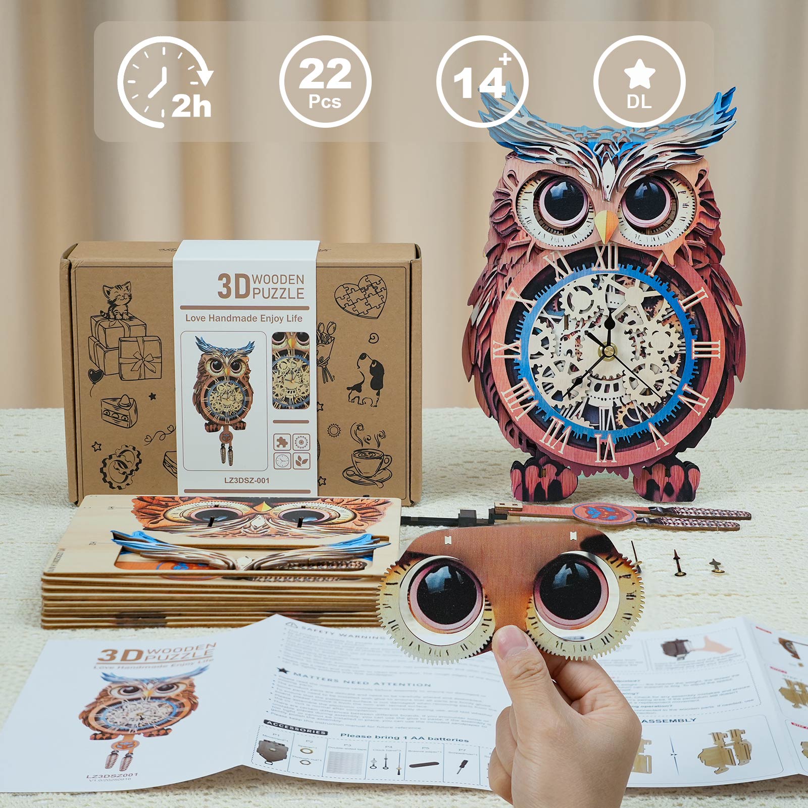 Owl DIY Wooden Clock, 3D Puzzle Craft Kit