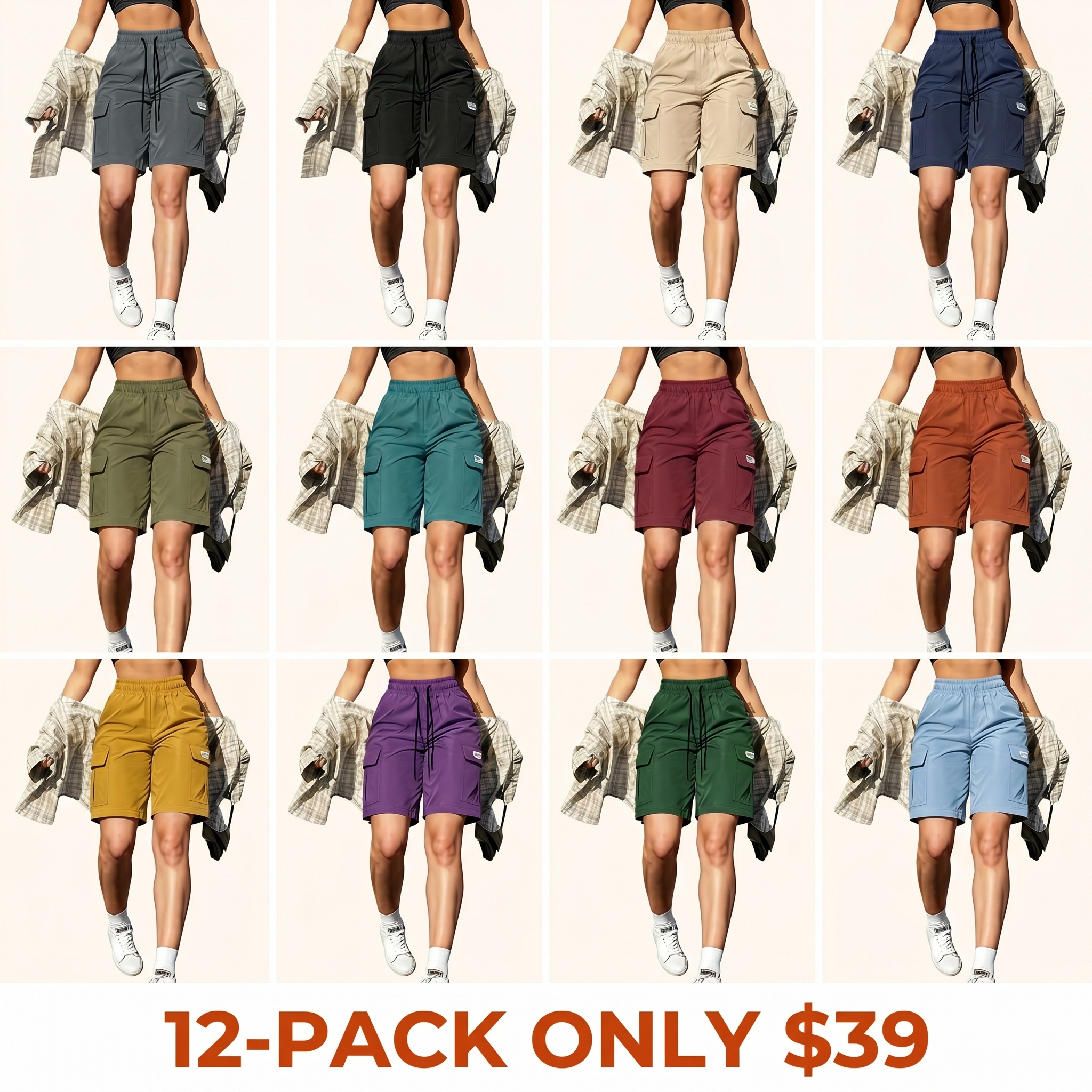 Women's Summer Cargo Shorts, featuring an elastic waistband, side pockets, and a drawstring.