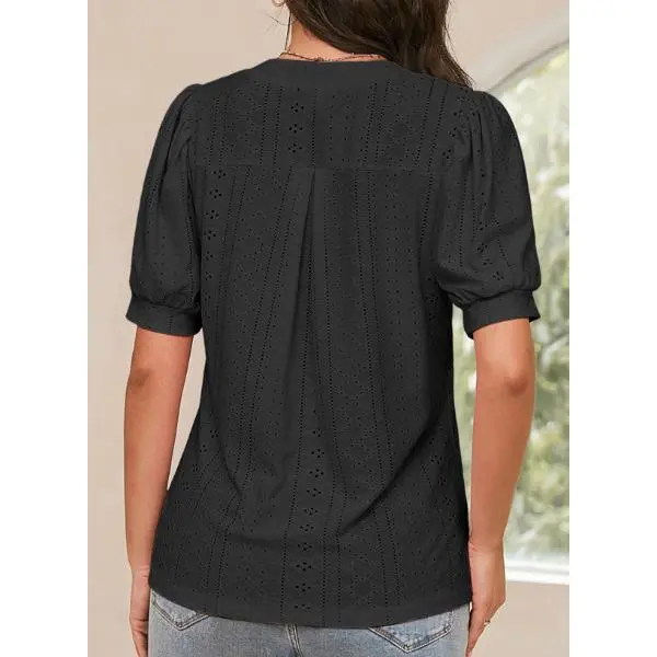 Women's Summer Business Casual Blouses V Neck Short Sleeve Shirts Hollow Out Cute Lace Tops Loose Fit Breathable Fabric