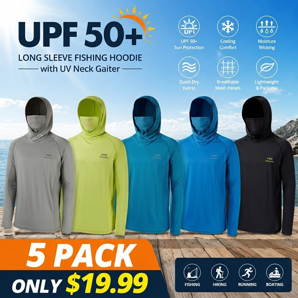 Men’s UPF 50+ Long Sleeve Fishing Hoodie with UV Neck Gaiter