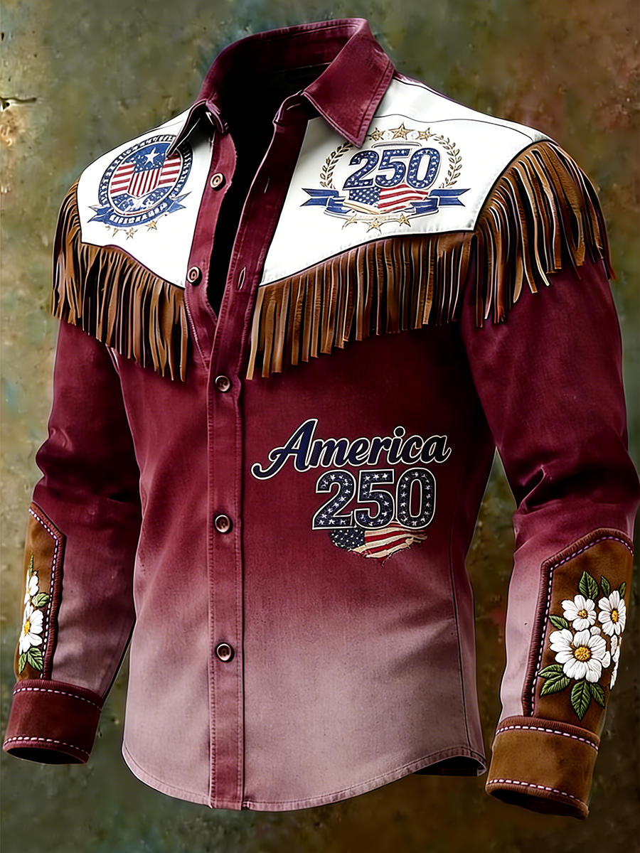 Men's America 250 Gradient Patriotic American Flag & Daisy Embroidered Western Fringe Shirt