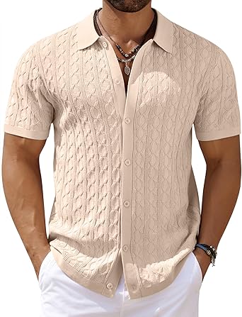 Mens Knit Button Down Shirt Short Sleeve Summer Casual Shirts Vintage Beach Vacation Shirts