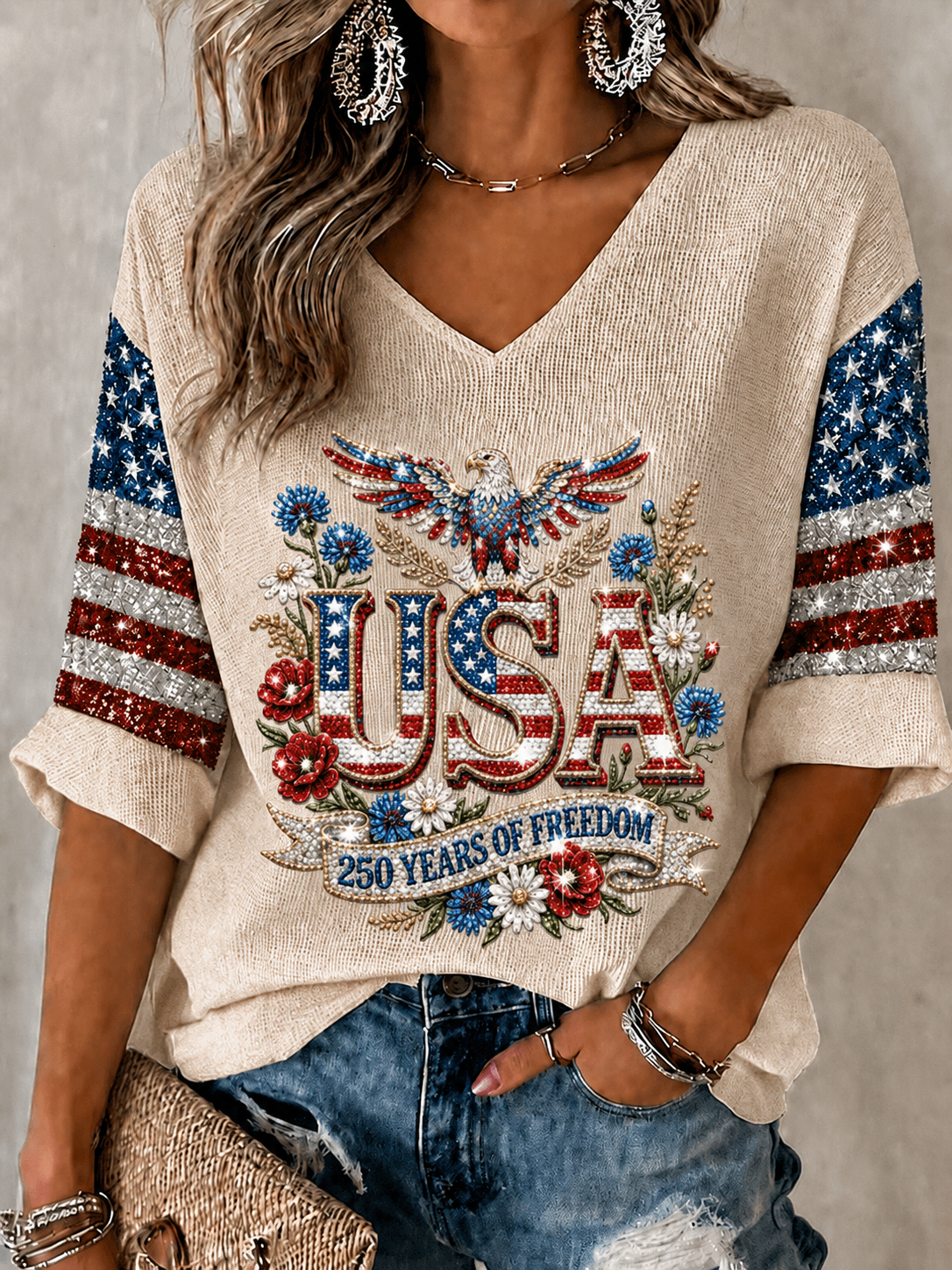 Women'S Retro Independence Day Art Printed Casual T-Shirt