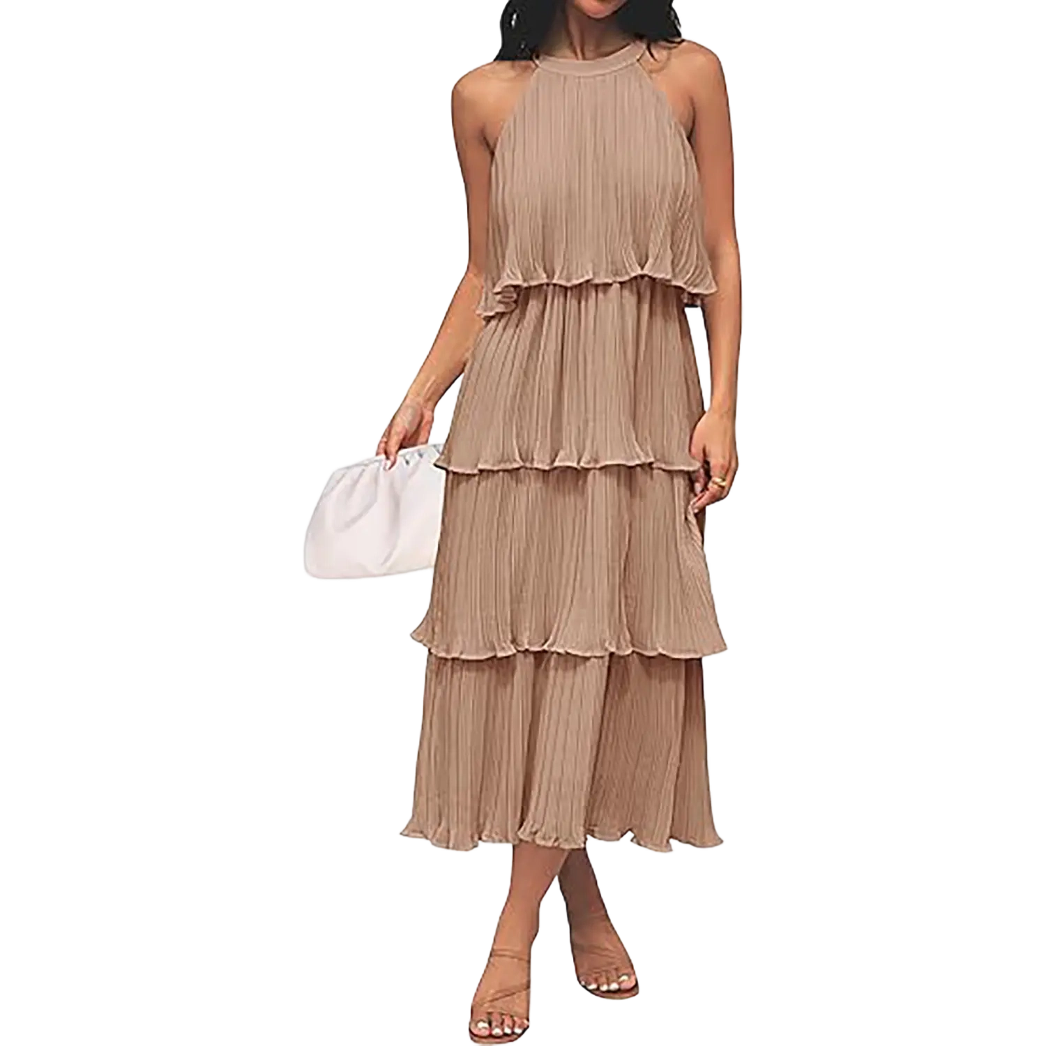 ✨Women's 2026 Summer Sleeveless Halter Neck Ruffle Tiered Layed Chiffon Flowy Swing Long Midi Dress