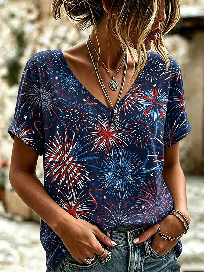 Women'S American Fireworks Printed Casual T-Shirt