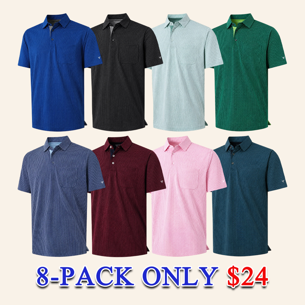 Men's Jacquard Performance Polo Shirt with Pocket Dry Fit Moisture Wicking Short Sleeve Casual Summer Top