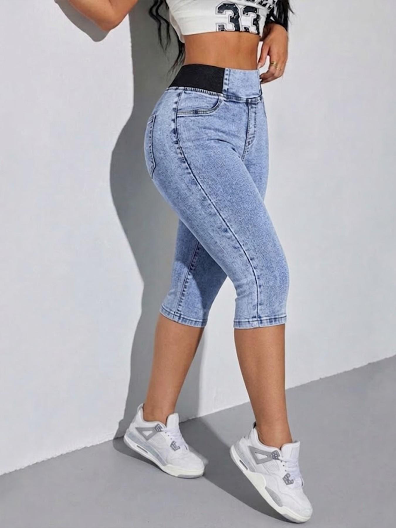 Women's Solid-Color Mid-Rise Stretch Denim Cropped Pants