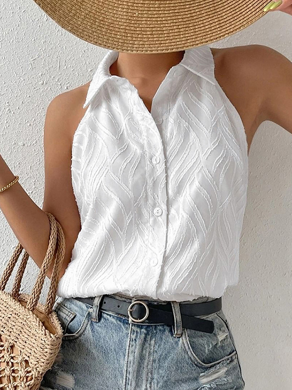 Jacquard See-Through Solid Color Sleeveless Lapel Blouses&Shirts Tops