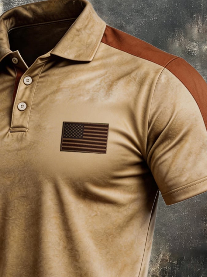 Men's Retro Patriotic Color-Block Short-Sleeve Polo Shirt