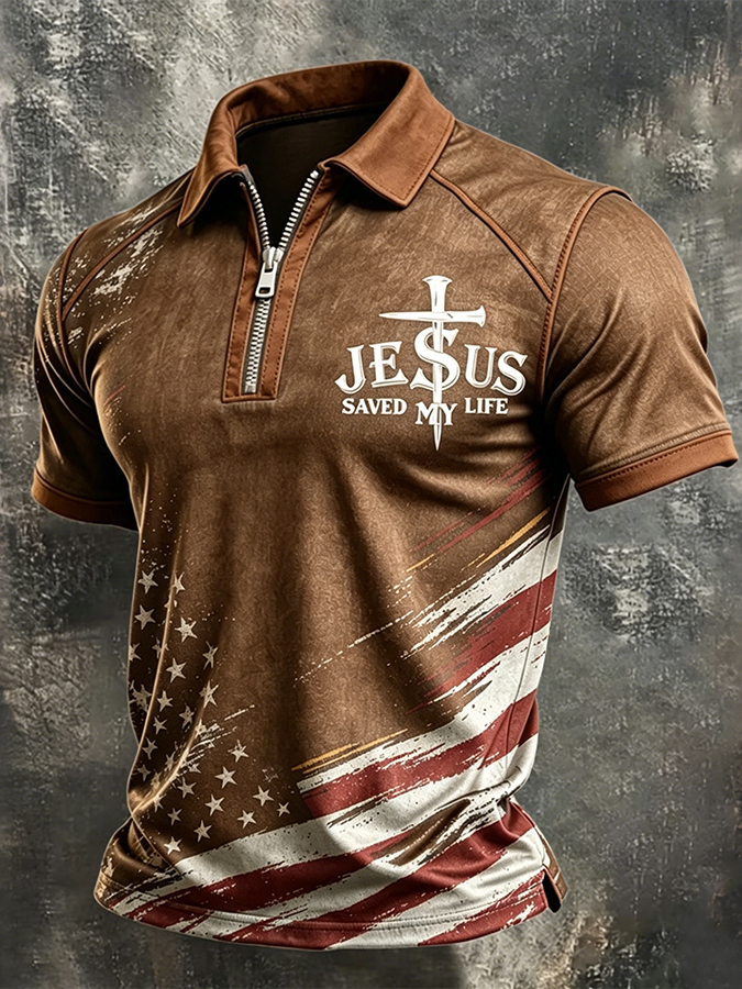 Men's Jesus Saved My Life USA Flag Christian Zip Polo Shirt