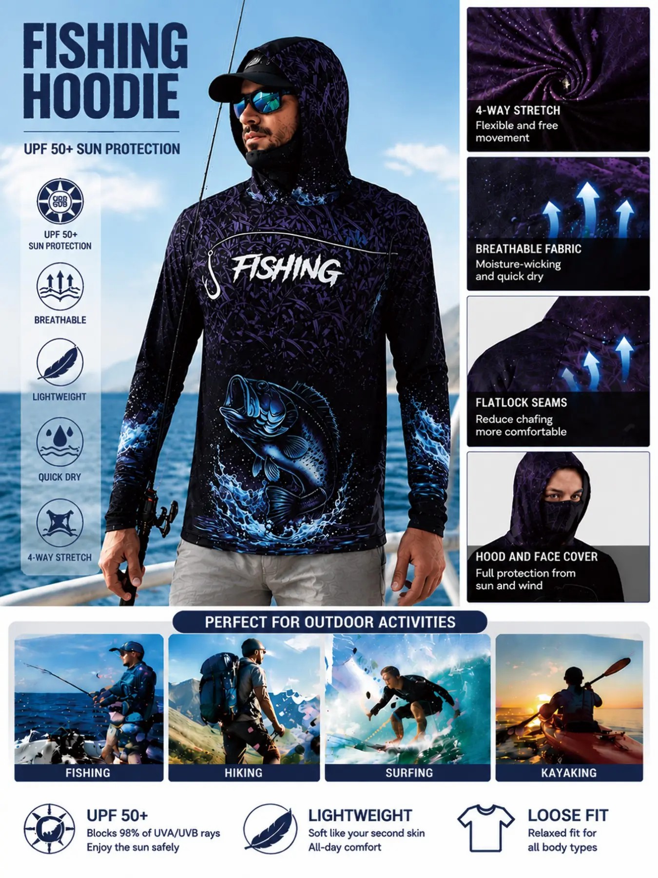 Men’s Hooded Fishing Shirt with Face Mask – UV Protection Gradient Outdoor Hoodie