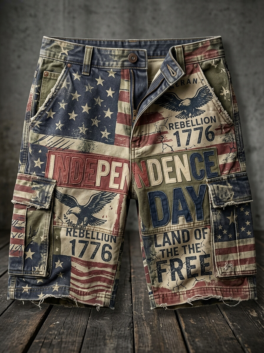 Men's USA Flag Camo Independence Day 1776 Art Print Denim Casual Shorts