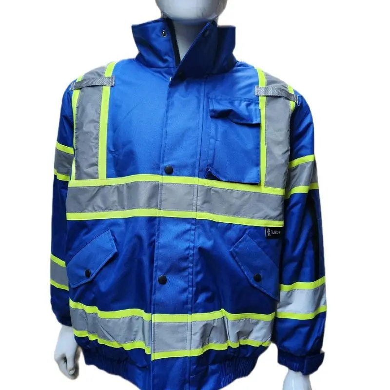 High Visibility Water Resistant Bomber Safety Jacket with Hoodie / Reflective Safety Sherpa Insulated Jacket