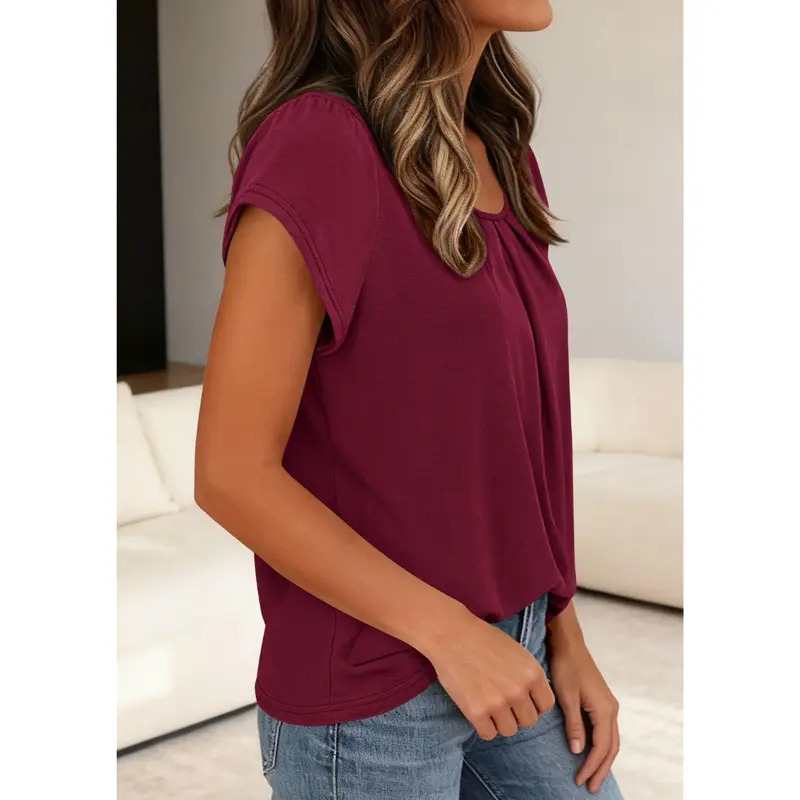 Women's Basic Crew Neck T-Shirt with Pleats