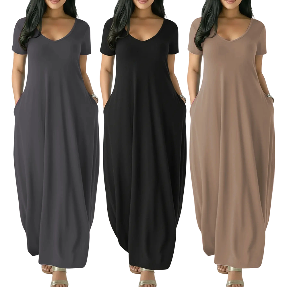 🔥🔥 Last Chance! 6 Pieces for $24.9, Today Only! 🔥Women's Long Coffee Color Dress, Casual Fitted Style, Large Round Neck Short Sleeve Pocket Sleepwear, Soft Fabric All Seasons Wear