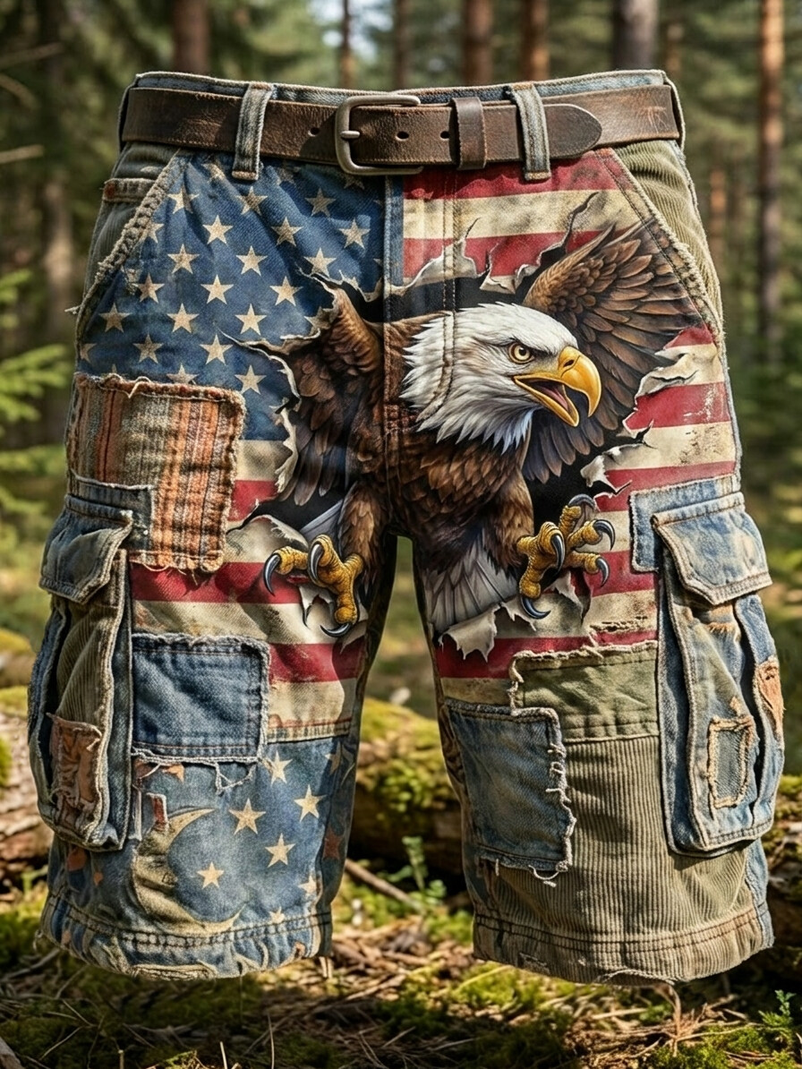 Men's American Flag And Eagle Ripped Patchwork Distressed Print Casual Shorts