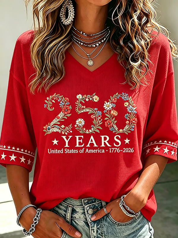 Ladies' American Flag Printed Casual Long Sleeve V-neck T-shirt