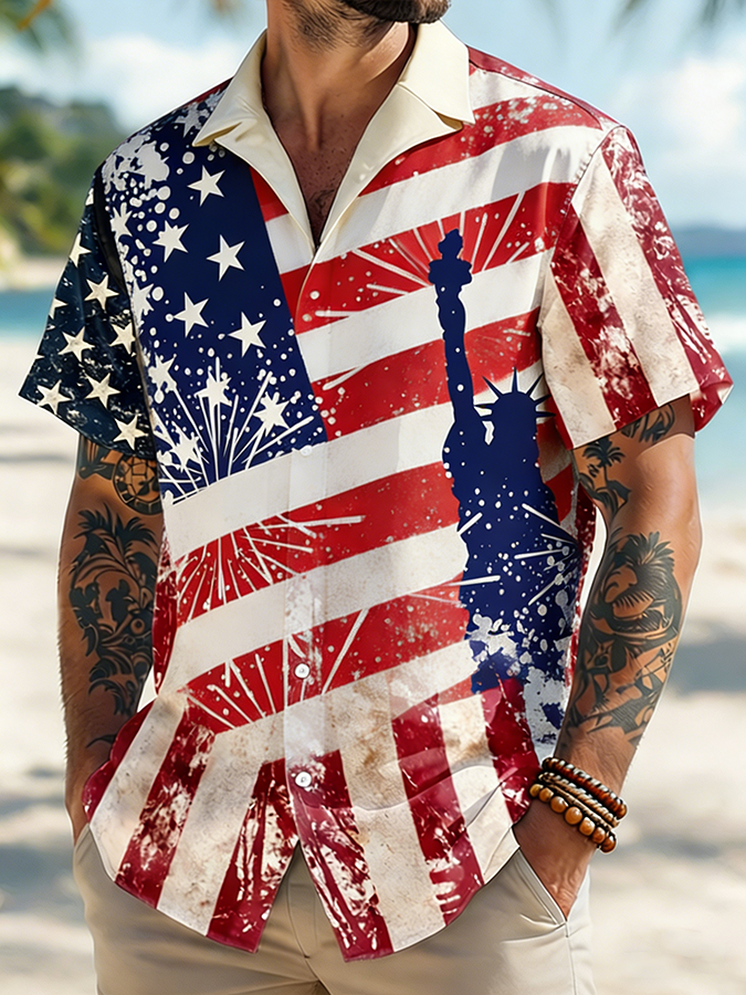 Men's Firework Statue Of Liberty American Flag USA Independence Day Beach Shirt