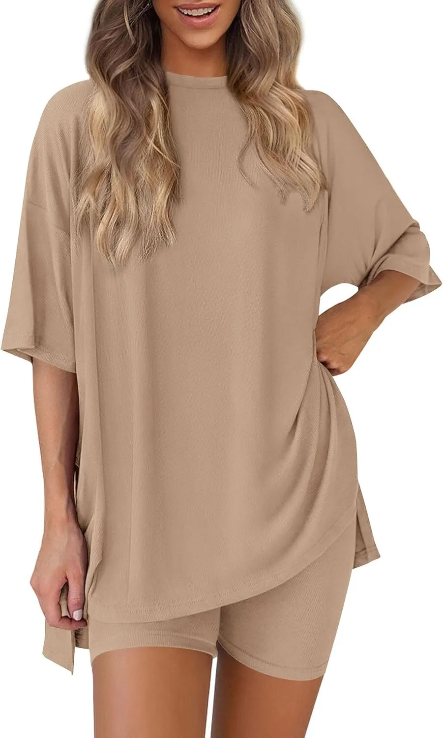 🔥Special Sale❤️Women's Two Piece Lounge Set 2026 Summer Casual Oversized Shirts  Biker Shorts Matching Airport Travel Outfit