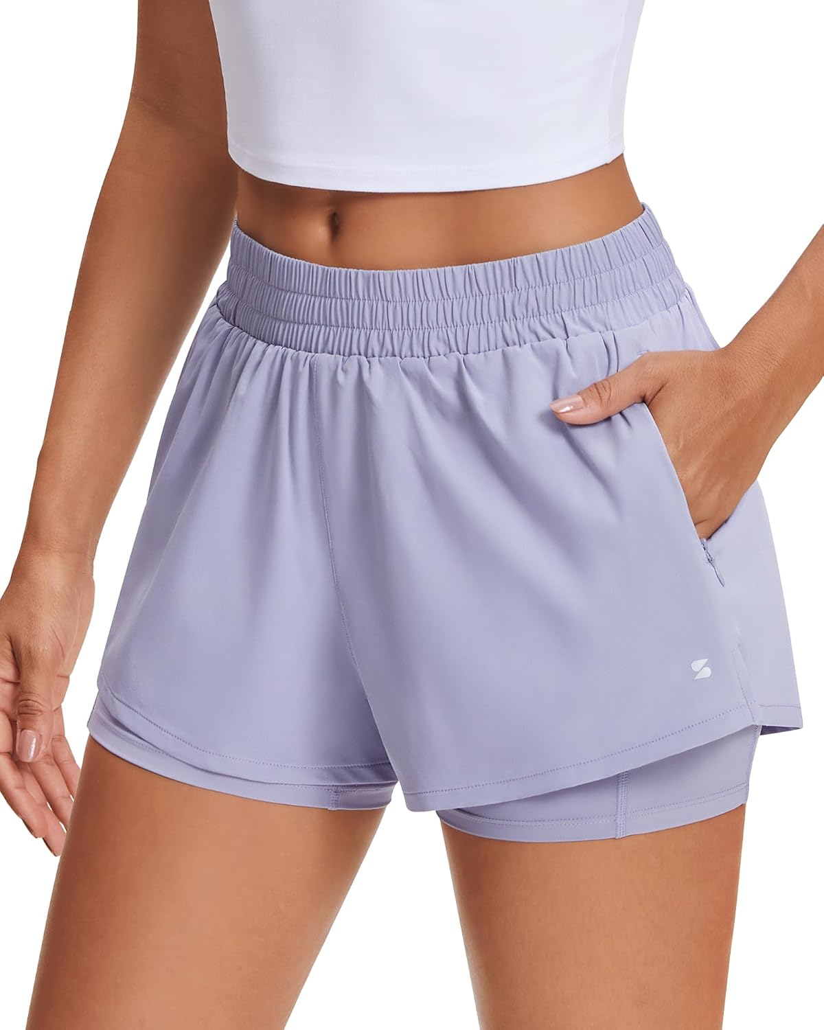 Women's 2 in 1 Running Shorts Athletic Workout Gym Shorts High Waisted Shorts with Liner Zipper Pockets